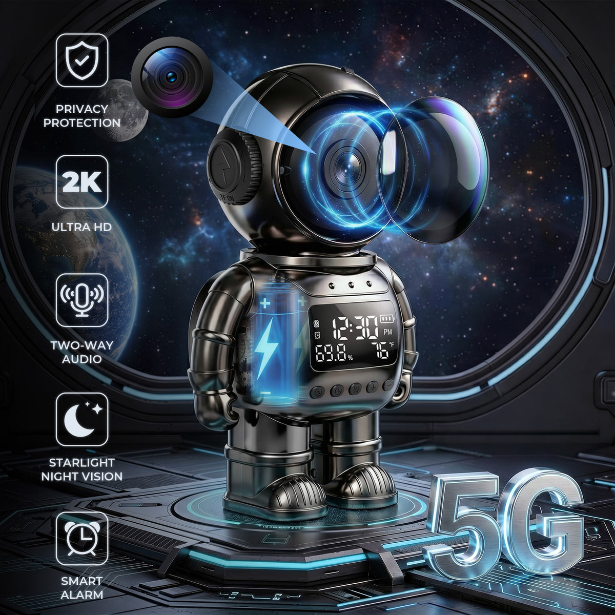 VividEye 2K Smart Astronaut Clock Camera, Indoor Cameras for Home Security, Nanny Wireless WiFi Camera with 5G & 2.4G, 2-Way Talk, Starlight Night Vision, 24/7 Loop Recording for Baby Pet Home Office