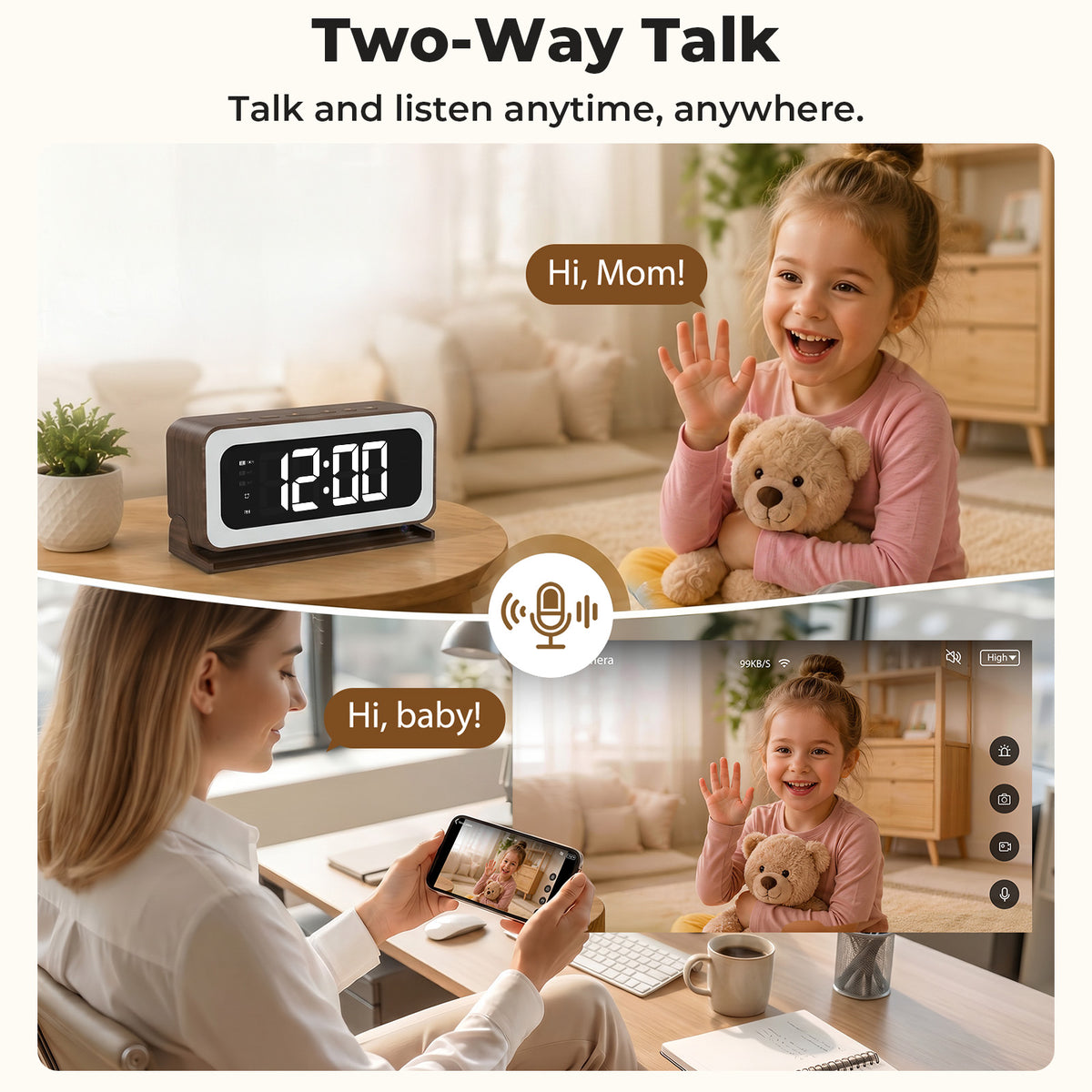 VividEye 2K Smart Alarm Clock Camera, Indoor Cameras for Home Security, Nanny Wireless Camera with 5G & 2.4G WiFi, Two-Way Talk, Starlight Night Vision, 24/7 Loop Recording for Baby Pet Home Office