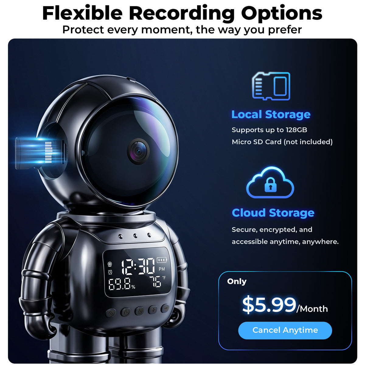 VividEye 2K Smart Astronaut Clock Camera, Indoor Cameras for Home Security, Nanny Wireless WiFi Camera with 5G & 2.4G, 2-Way Talk, Starlight Night Vision, 24/7 Loop Recording for Baby Pet Home Office