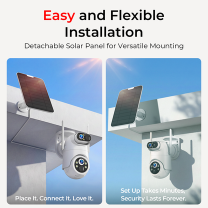 VividEye 4K Dual-Lens Solar Security Camera, 360° PTZ Surveillance security Cameras Wireless Wifi Outdoor, IP65 Waterproof PIR Detection, Full Color Night Vision, 2-Way Audio, Rechargeable Battery