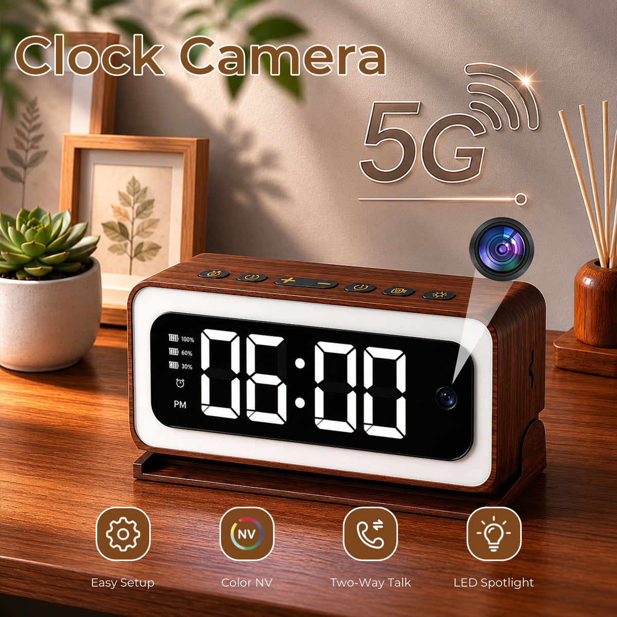 VividEye 2K Smart Alarm Clock Camera, Indoor Cameras for Home Security, Nanny Wireless Camera with 5G & 2.4G WiFi, Two-Way Talk, Starlight Night Vision, 24/7 Loop Recording for Baby Pet Home Office
