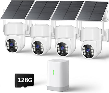 4MP Security Cameras Wireless Outdoor, No Subscription 128GB Local Storage, Solar Powered Cameras For Home Security, PTZ Auto Tracking, 4Cam-Kit, Color Night Vision Home Security Camera System,5G&2.4G