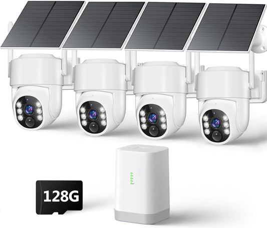 4MP Security Cameras Wireless Outdoor, No Subscription 128GB Local Storage, Solar Powered Cameras For Home Security, PTZ Auto Tracking, 4Cam-Kit, Color Night Vision Home Security Camera System,5G&2.4G