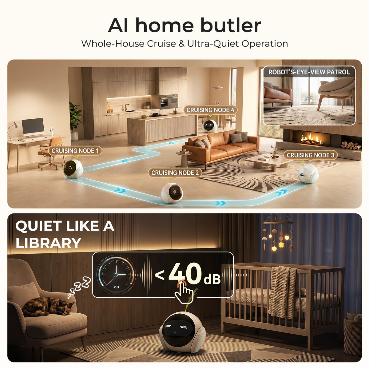 VividEye 2K Pet Camera Robot with AI, Movable Indoor WiFi Cam, Whole-Home Auto Patrol, Auto-Recharge, 360° Pet Finder, 2-Way Audio, Bark & Sound Alerts for Dogs and Cats