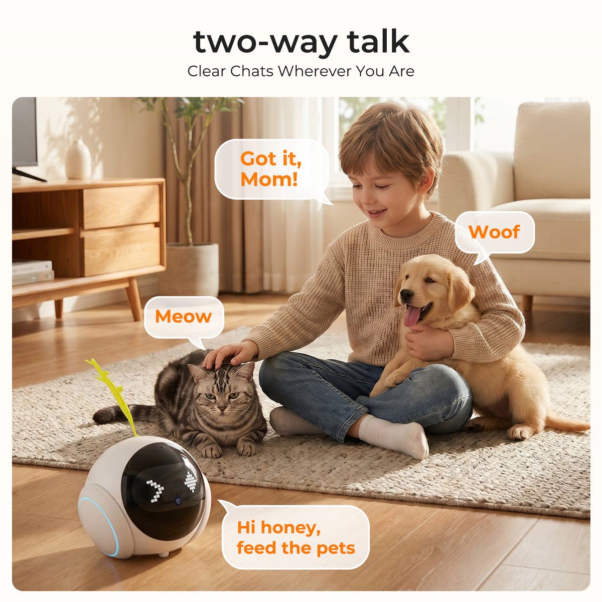 VividEye 2K Pet Camera Robot with AI, Movable Indoor WiFi Cam, Whole-Home Auto Patrol, Auto-Recharge, 360° Pet Finder, 2-Way Audio, Bark & Sound Alerts for Dogs and Cats