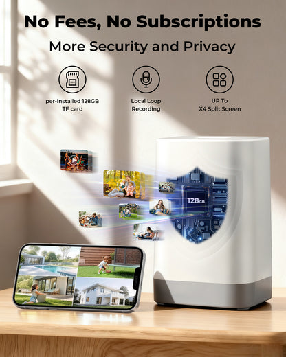 4MP Security Cameras Wireless Outdoor, No Subscription 128GB Local Storage, Solar Powered Cameras For Home Security, PTZ Auto Tracking, 4Cam-Kit, Color Night Vision Home Security Camera System,5G&2.4G