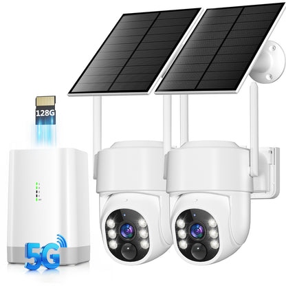 Security Cameras Wireless Outdoor 5G& 2.4G, No Subscription, 2 Cam-Kit,4MP Solar Powered Home Security Cameras System With 360°PTZ,128GB Local Storag